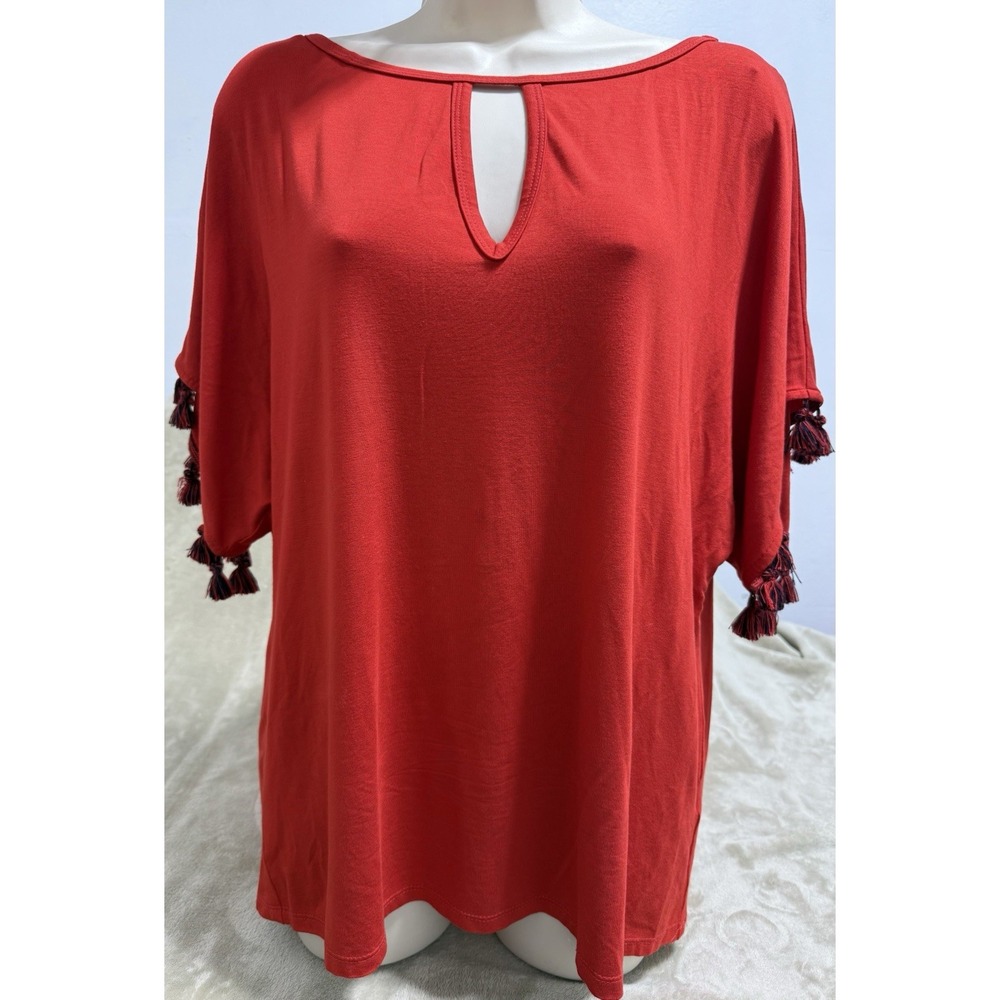 Trina Turk Womens Short Shirt Medium Red Keyhole Tassels Viscose Stretch Blouse
